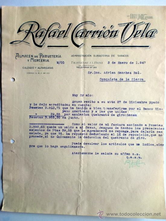 Gesch&auml;ftsbriefe: CARTA COMERCIAL. TALAVERA DE LA REINA. ENERO 1947. RAFAEL CARRION VELA. ALMACEN DE PAQUETERIA.