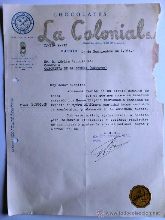 Gesch&auml;ftsbriefe: CARTA COMERCIAL. MADRID. SEPTIEMBRE 1954. LA COLONIAL S.A. CHOCOLATES.