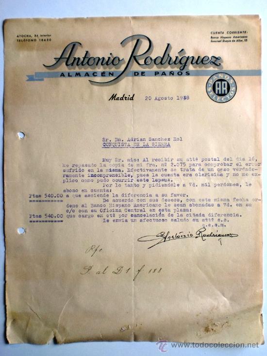 Gesch&auml;ftsbriefe: CARTA COMERCIAL. MADRID. AGOSTO 1948. ANTONIO RODRIGUEZ. ALMACEN DE PA&Ntilde;OS.
