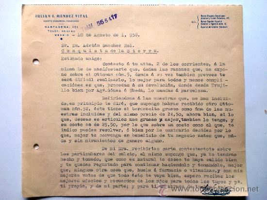 Gesch&auml;ftsbriefe: CARTA COMERCIAL. MADRID. AGOSTO 1958. JULIAN E. MENDEZ VITAL. AGENTE COMERCIAL COLEGIADO.