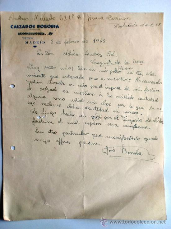 Gesch&auml;ftsbriefe: CARTA COMERCIAL. MADRID. FEBRERO 1948. JOSE BOROBIA. CALZADOS BOROBIA.