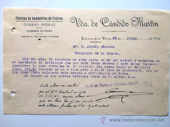 Gesch&auml;ftsbriefe: CARTA COMERCIAL.TALAVERA DE LA REINA. TOLEDO. JULIO 1942. VDA. DE CANDIDO MARTIN. FABRICA SOMBREROS.