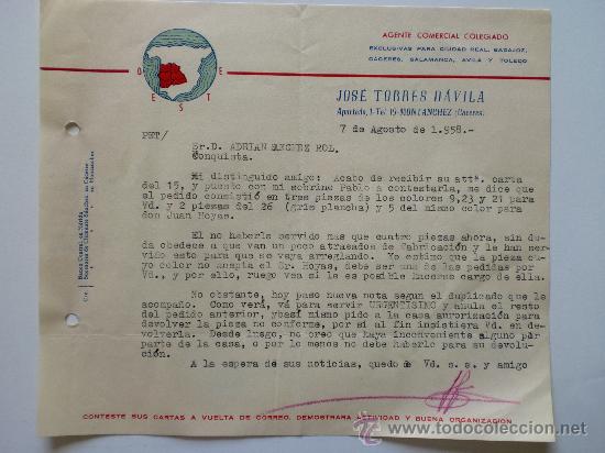 Gesch&auml;ftsbriefe: CARTA COMERCIAL. CACERES. AGOSTO 1958. JOSE TORRES DAVILA. AGENTE OMERCIAL COLEGIADO.