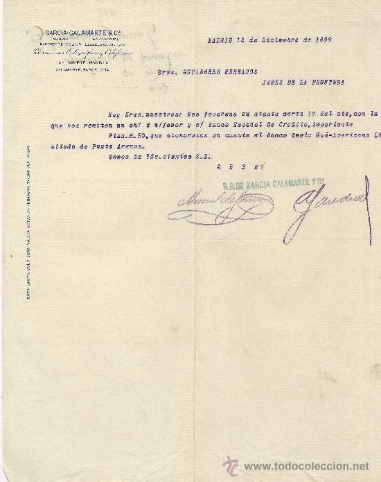 Cartas comerciales: MADRID 12 DE DICIEMBRE DE 1908.CARTA COMERCIAL GARCIA-CALAMARTE & C&ordf;