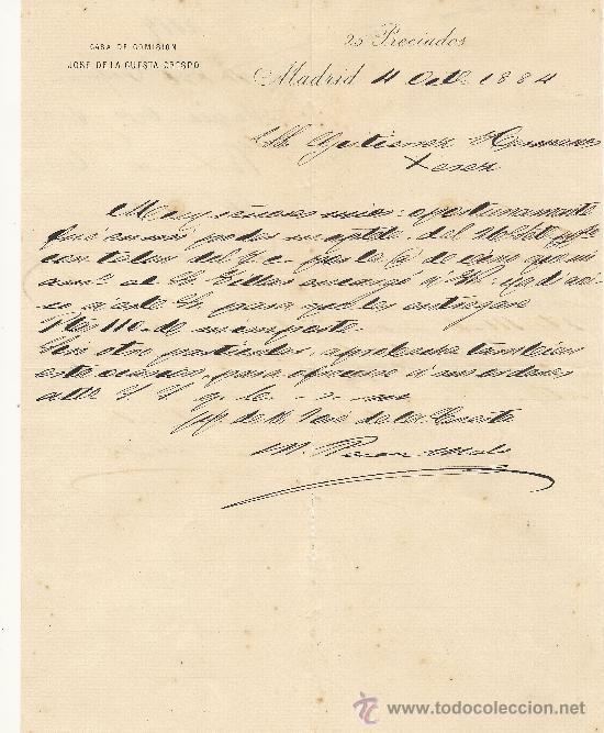Cartas comerciales: MADRID 4 DE OCTUBRE DE 1884.CARTA COMERCIAL CASA DE COMISION JOSE DE LA CUESTA CRESPO