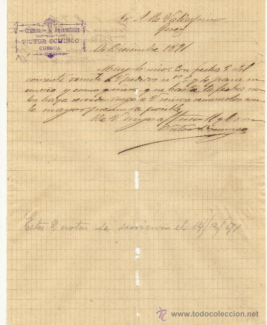 Cartas comerciales: 14 DE DICIEMBRE DE 1891.CARTA COMERCIAL VICTOR DOMINGO. CUENCA