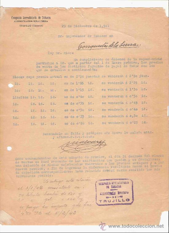 Cartas comerciales: ESPA&Ntilde;A. CACERES. TRUJILLO. CARTA. COMPA&Ntilde;IA ARRENDATARIA DE TABACOS. 1941.