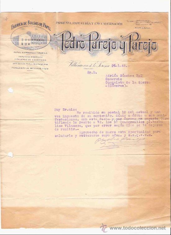 Cartas comerciales: ESPA&Ntilde;A. BADAJOZ. CARTA. PEDRO PAREJO Y PAREJO. FABRICA DE BOLSAS DE PAPEL. PAPELERIA. 1946.