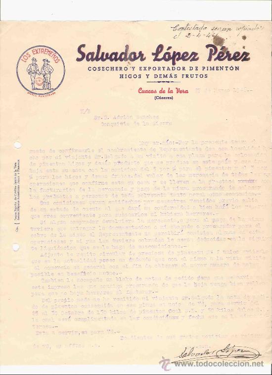 Cartas comerciales: ESPA&Ntilde;A. CACERES. CUACOS DE LA VERA. CARTA. SALVADOR LOPEZ PEREZ. COSECHERO Y EXPORTADOR. 1946.