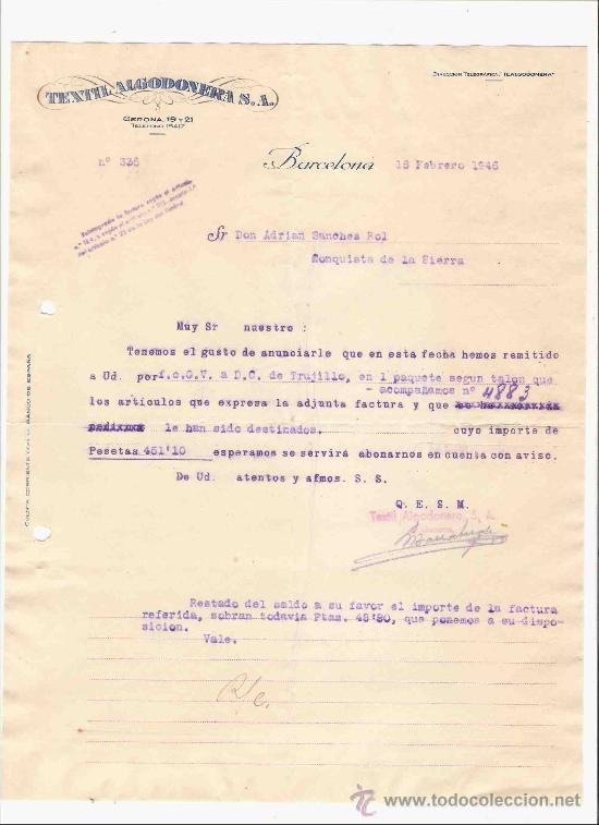 Cartas comerciales: ESPA&Ntilde;A. BARCELONA. CARTA. TEXTIL ALGODONERA S.A. 1946.