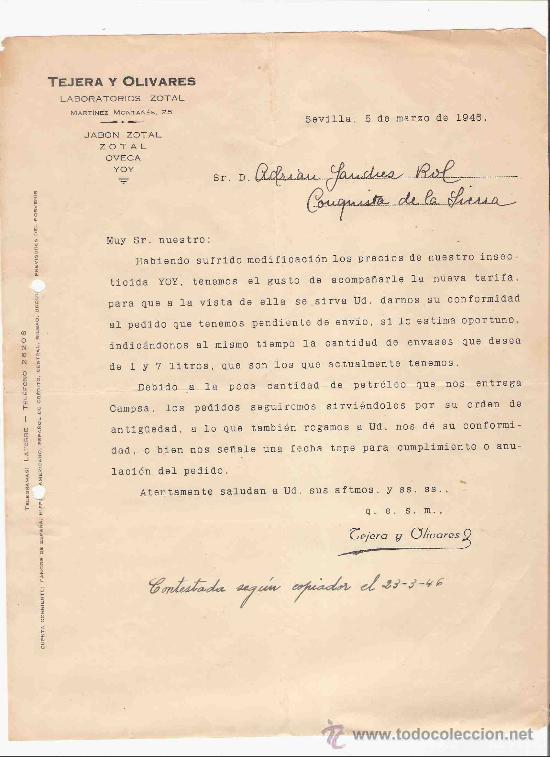 Commercial Letters: ESPA&Ntilde;A. SEVILLA. CARTA. TEJERA Y OLIVARES. LABORATORIOS ZOTAL. 1946.