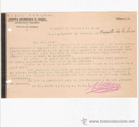 Commercial Letters: ESPA&Ntilde;A. CACERES. TRUJILLO. CARTA. COMPA&Ntilde;IA ARRENDATARIA DE TABACOS. 1946.