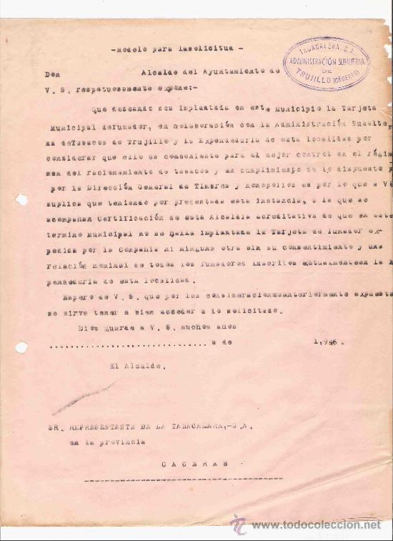 Commercial Letters: ESPA&Ntilde;A. CACERES. TRUJILLO. CARTA. TABACALERA S.A. ADMINISTRACION SUBALTERNA. 1946.