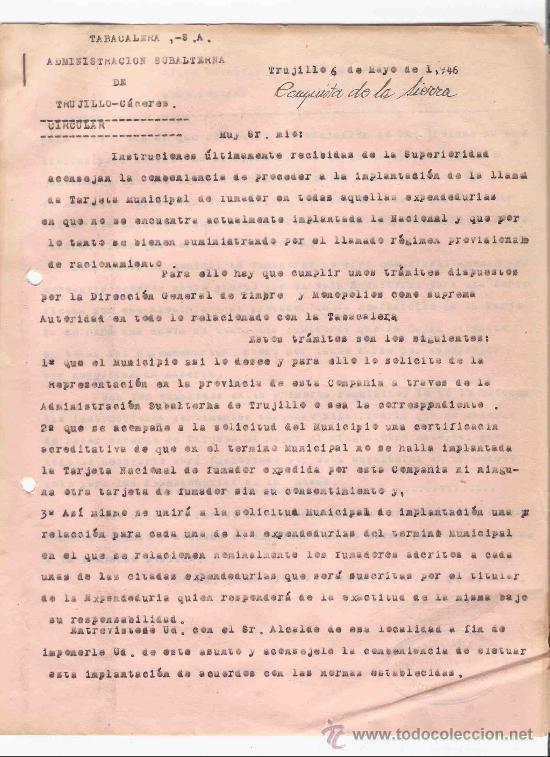 Commercial Letters: ESPA&Ntilde;A. CACERES. TRUJILLO. CARTA. TABACALERA S.A. ADMINISTRACION SUBALTERNA. 1946.