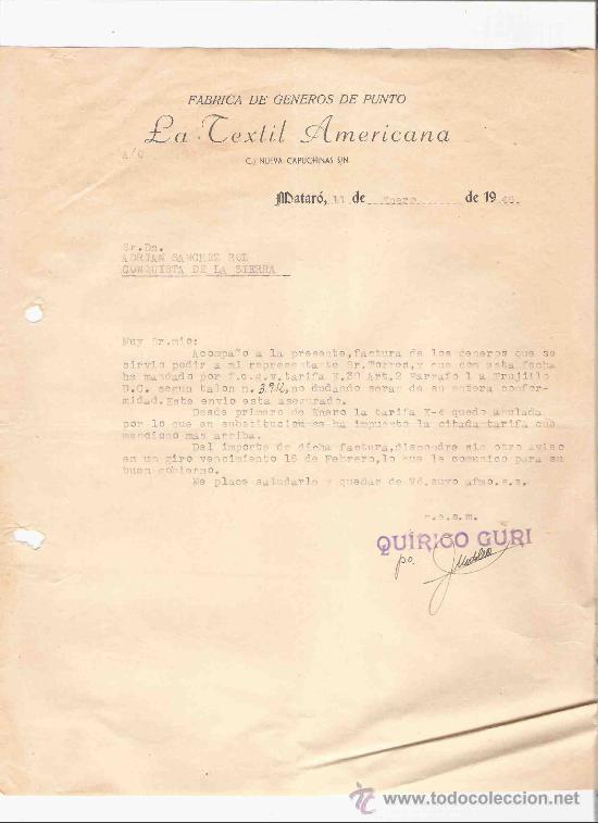Commercial Letters: ESPA&Ntilde;A. MATARO. CARTA. FABRICA DE GENEROS DE PUNTO. LA TEXTIL AMERICANA. 1946.