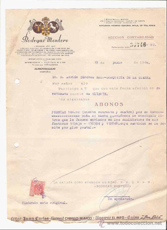 Commercial Letters: ESPA&Ntilde;A. ALMENDRALEJO. CARTA. BODEGAS MONTERO. VINOS FINOS. VI&Ntilde;EDOS. FABRICACION. 1946.