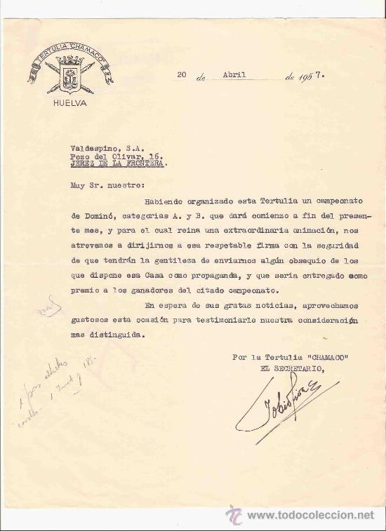 Commercial Letters: ESPA&Ntilde;A. HUELVA. CARTA. TERTULIA CHAMACO. 1957.