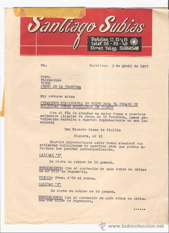 Cartas comerciais: ESPA&Ntilde;A. BARCELONA. CARTA. SANTIAGO SUBIAS. KOLHISPANIA. 1957.