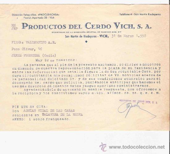 Cartas comerciais: ESPA&Ntilde;A. SAN MARTIN DE RIUDEPERAS. CARTA. PRODUCTOS DEL CERDO VICH, S.A. 1958.