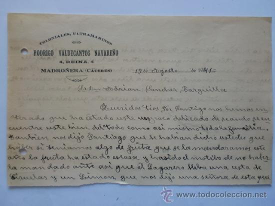 Commercial Letters: CARTA. MADRO&Ntilde;ERA. CACERES. AGOSTO 1941. RODRIGO VALDECANTOS NAVARRO. COLONIALES, ULTRAMARINOS.