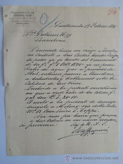 Cartas comerciales: CARTA COMERCIAL. GUATEMALA. GUATEMALA. FEBRERO 1895. PASTELERIA ITALIANA CRISTOBAL COLON.