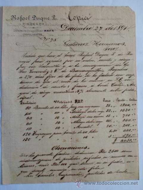 Commercial Letters: CIRCULAR. RIONEGRO. ARGENTINA. DICIEMBRE 1894. RAFAEL DUQUE P.