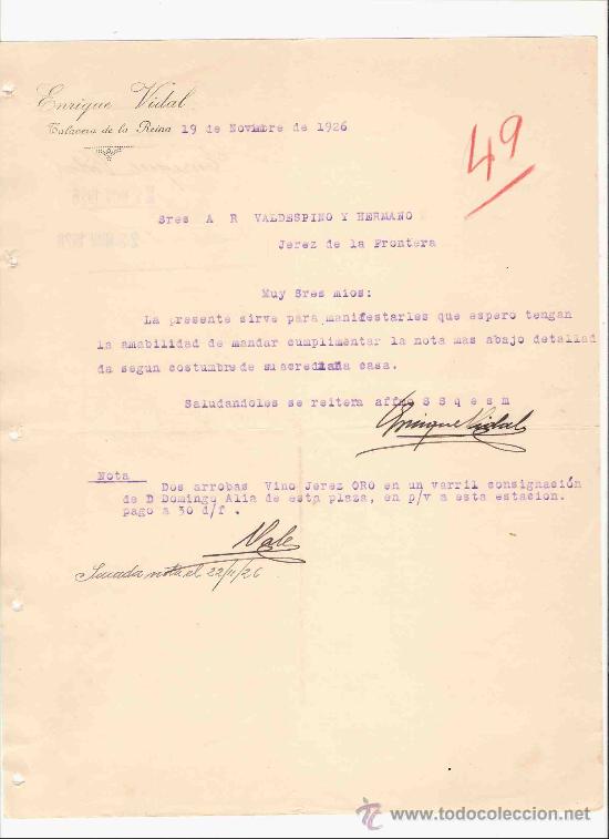 Lettres commerciales: ESPA&Ntilde;A. TALAVERA DE LA REINA. TOLEDO. CARTA. ENRIQUE VIDAL .1926.