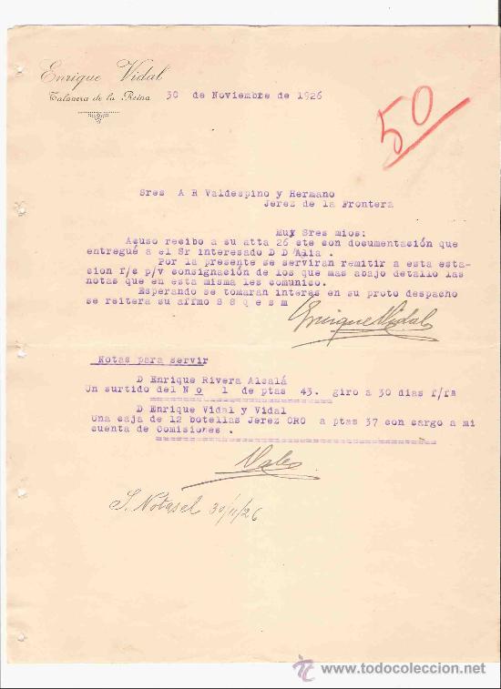 Lettres commerciales: ESPA&Ntilde;A. TALAVERA DE LA REINA. TOLEDO. CARTA. ENRIQUE VIDAL. 1926.