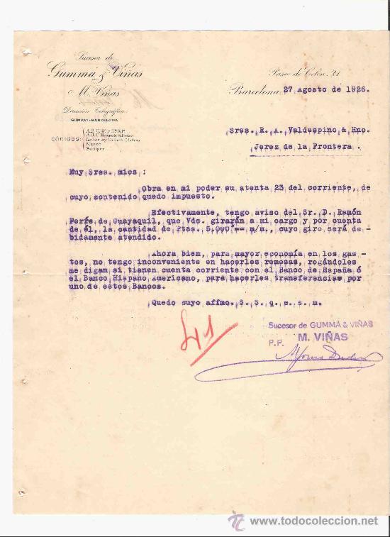 Lettres commerciales: ESPA&Ntilde;A. BARCELONA. CARTA. SUCESOR DE GUMMA Y VI&Ntilde;AS. 1926.