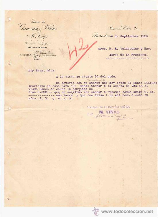 Lettres commerciales: ESPA&Ntilde;A. BARCELONA. CARTA. SUCESOR DE GUMMA Y VI&Ntilde;AS. 1926.