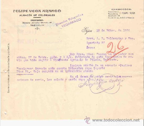 Lettres commerciales: ESPA&Ntilde;A. GIJON. CARTA. FELIPE VEGA. ARANGO. ALMACEN DE COLONIALES. 1926.