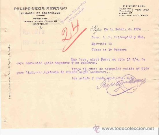 Lettres commerciales: ESPA&Ntilde;A. GIJON. CARTA. FELIPE VEGA ARANGO. ALMACEN DE COLONIALES. 1926.