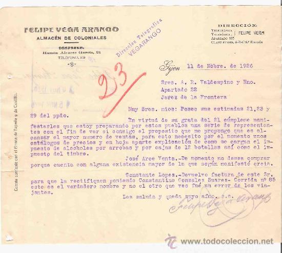 Lettres commerciales: ESPA&Ntilde;A. GIJON. CARTA. FELIPE VEGA ARANGO. ALMACEN DE COLONIALES. 1926.