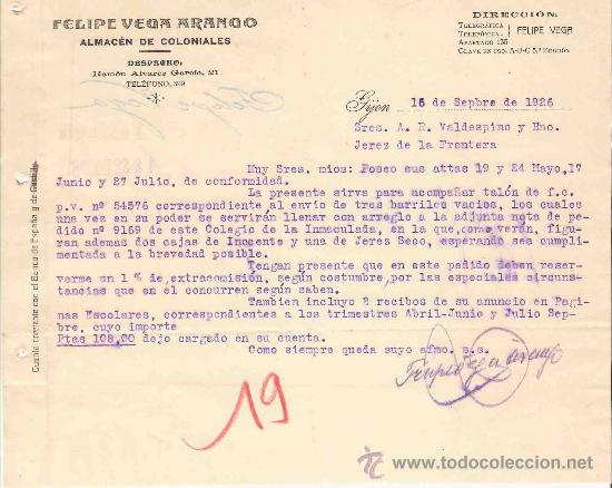 Lettres commerciales: ESPA&Ntilde;A. GIJON. CARTA. FELIPE VEGA ARANGO. ALMACEN DE COLONIALES. 1926.