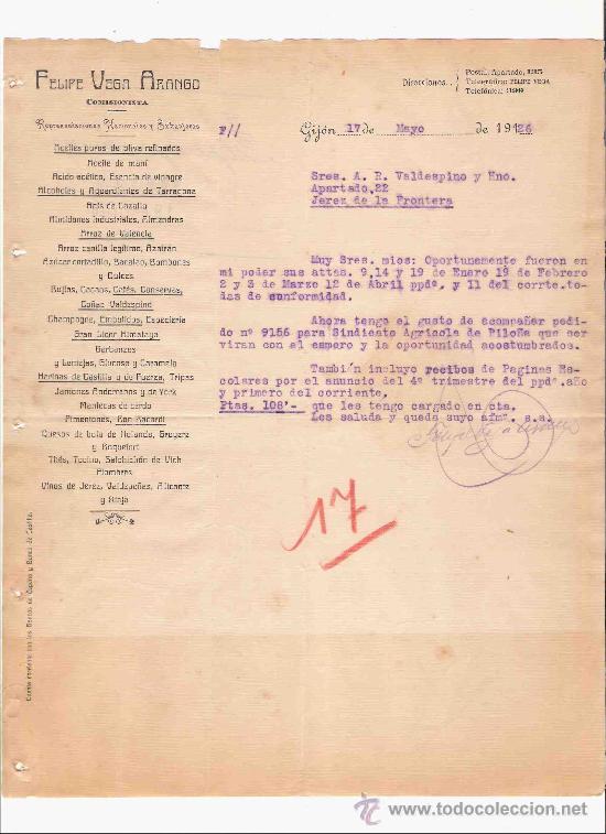 Lettres commerciales: ESPA&Ntilde;A. GIJON. CARTA. FELIPE VEGA ARANGO. ACITES PUROS DE OLIVA. RON BACARDI. 1926.