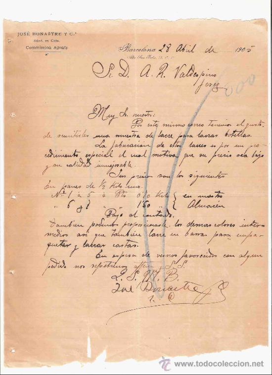 Lettres commerciales: ESPA&Ntilde;A. BARCELONA. CARTA. JOSE BONASTRE Y C.A. SDAD, EN CDTA. 1905.
