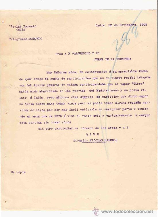 Lettres commerciales: ESPA&Ntilde;A. CADIZ. CARTA. NICOLAS BARCELO. 1905.