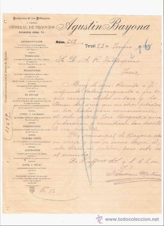 Lettres commerciales: ESPA&Ntilde;A. TERUEL. CARTA. AGUSTIN BAYONA. PROCURADOR DE LOS TRIBUNALES. 1905.