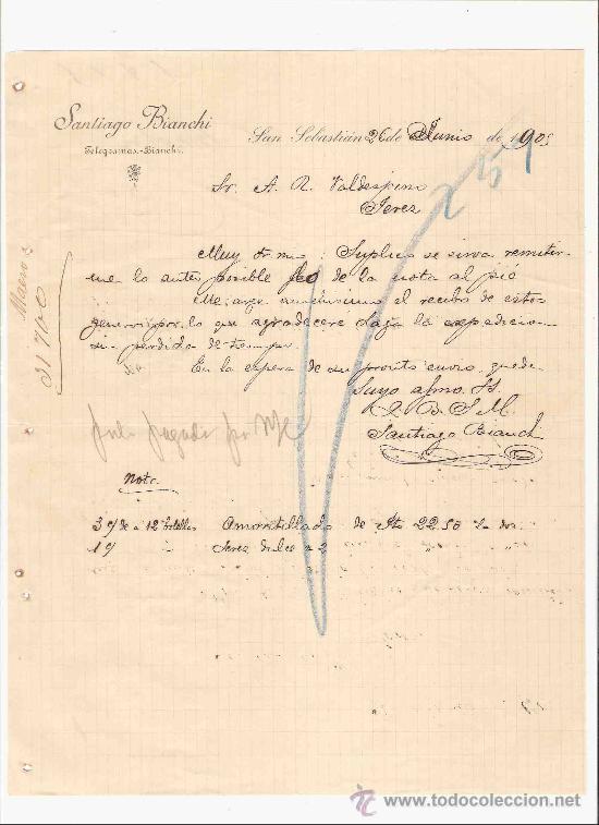 Lettres commerciales: ESPA&Ntilde;A. SAN SEBASTIAN. CARTA. SANTIAGO BIANCHI. TELEGRAMAS.- BIANCHI. 1905.