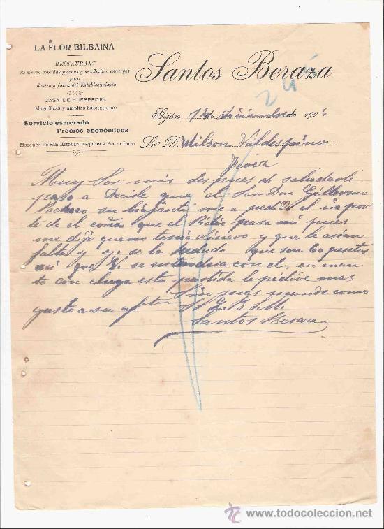 Lettres commerciales: ESPA&Ntilde;A. GIJON. CARTA. SANTOS BERAZA. LA FLOR BILBAINA, RESTAURANT. 1904.