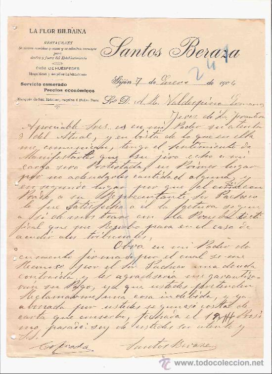 Lettres commerciales: ESPA&Ntilde;A. GIJON. CARTA. SANTOS BERAZA. LA FLOR BILBAINA., RESTAURANT. 1904.