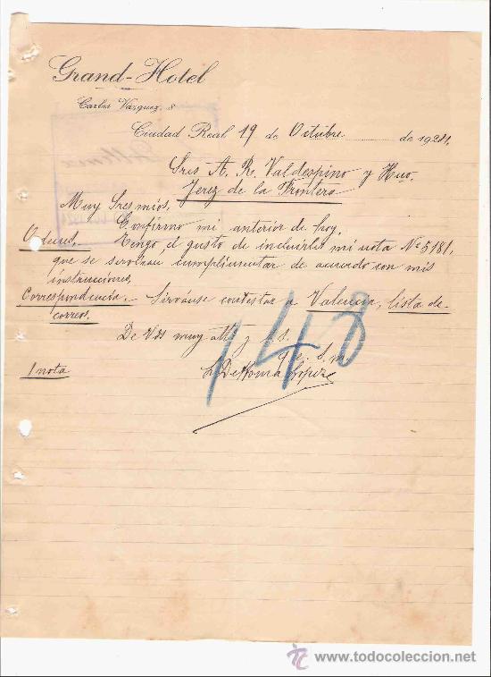 Cartas comerciales: ESPA&Ntilde;A. CIUDAD REAL. CARTA. GRAND - HOTEL. 1924.