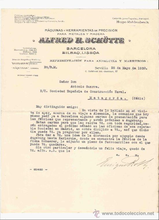 Cartas comerciales: ESPA&Ntilde;A. SEVILLA. CARTA. ALFRED H. SCHUTTE. MAQUINAS Y HERRAMIENTAS DE PRECISION. 1930.