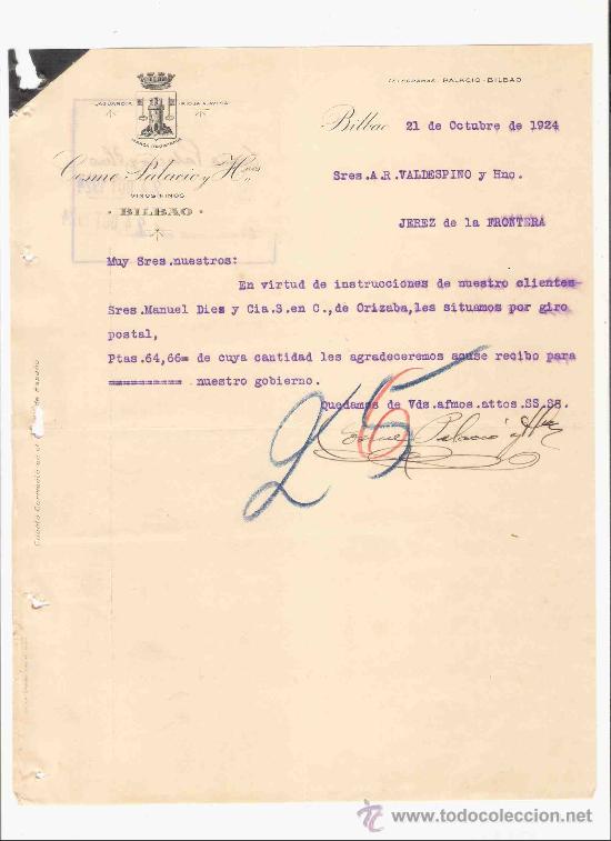 Cartas comerciales: ESPA&Ntilde;A. BILBAO. CARTA. COSME PALACIO Y H, NOS, VINOS FINOS. 1924.