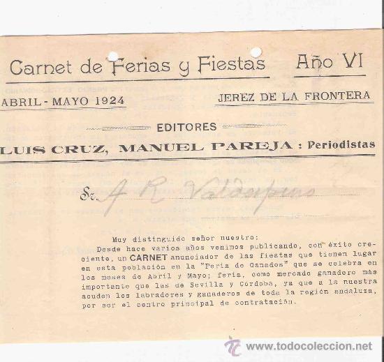 Cartas comerciales: ESPA&Ntilde;A. JEREZ DE LA FRONTERA. CARTA. CARNET DE FERIAS Y FIESTAS. LUIS CRUZ, MANUEL PAREJA. 1924.