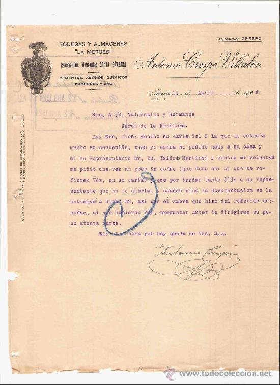 Cartas comerciales: ESPA&Ntilde;A. MORON, SEVILLA. CARTA. ANTONIO CRESPO VILLALON. BODEGAS Y ALMACENES LA  MERCED. 1924.