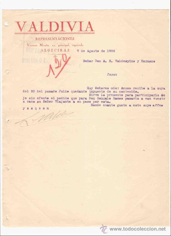 Cartas comerciales: ESPA&Ntilde;A. ALGECIRAS. CARTA. VALDIVIA, REPRESENTACIONES. 1926.