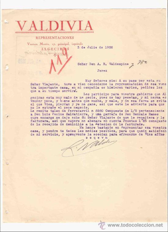 Cartas comerciales: ESPA&Ntilde;A. ALGECIRAS. CARTA. VALDIVIA. REPRESENTACIONES. 1926.