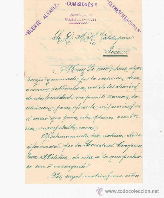 Cartas comerciales: ESPA&Ntilde;A. VALLADOLID. CARTA. VICENTE ALVAREZ, COMISIONES Y REPRESENTACIONES. 1895.