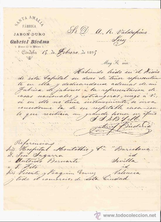 Cartas comerciales: ESPA&Ntilde;A. CORDOBA. CARTA. SANTA AMALIA, FABRICA DE JABON DURO DE GABRIEL BIEDMA. 1895.